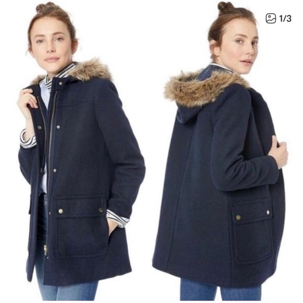 J. Crew Navy Wool-Blend Hooded Pea Coat with Faux-Fur Trim
